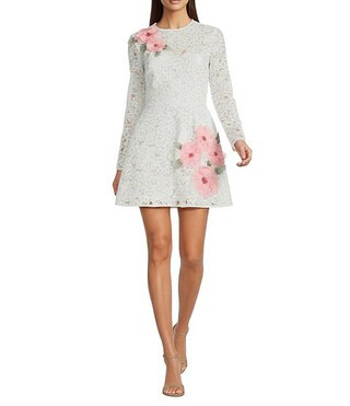 Muse by Marchesa Shay Lace Applique Crew Neck Bracelet Sleeve Mini Dress | Dillard's | Dillard's