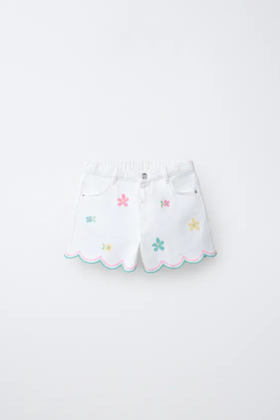 MOM FIT TWILL SHORTS WITH CROSS-STITCH FLOWERS | Zara US