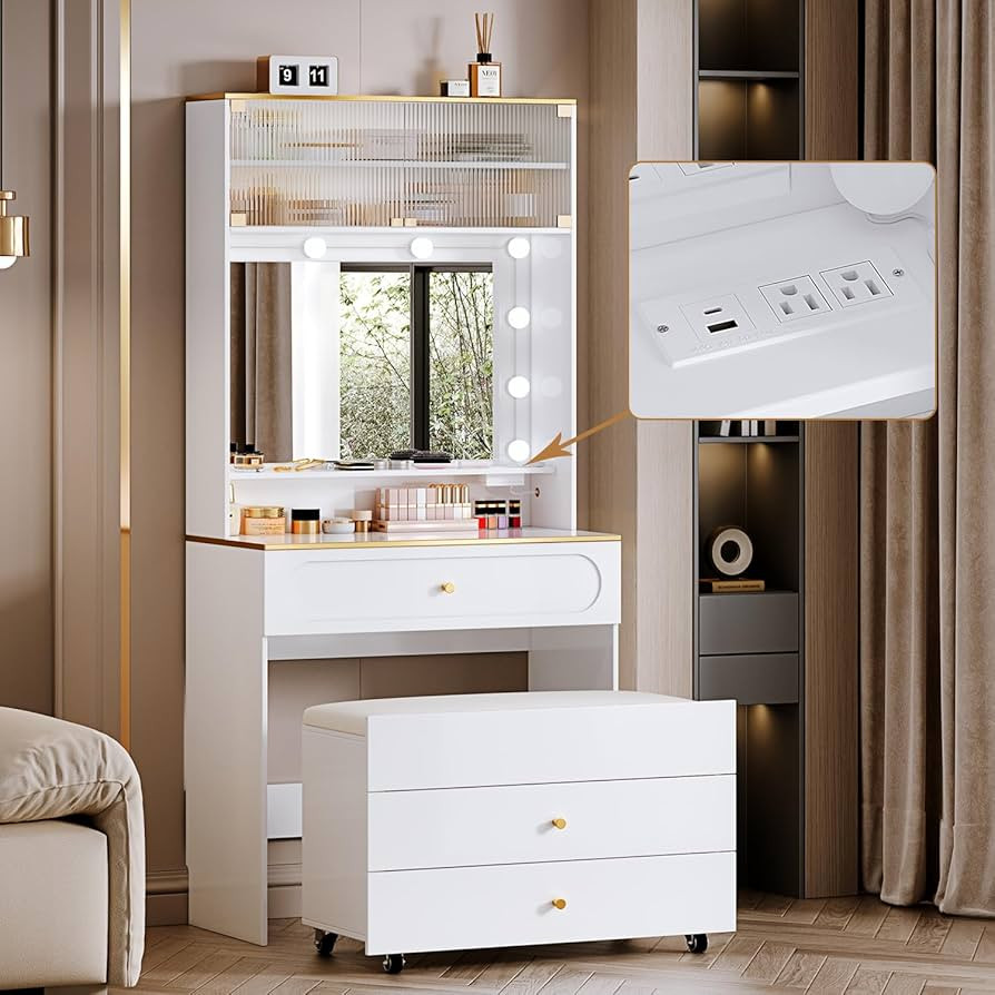 YYJ 31.5" W Vanity Desk Set with 10 LED Hollywood Light Bulb & Power Outlet, Tall Makeup Vanity T... | Amazon (US)