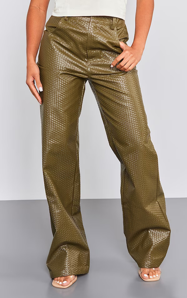 Khaki Textured Faux Leather Straight Leg Pant | PrettyLittleThing US