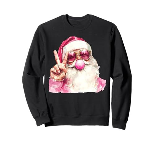 Retro Santa Christmas Blowing Bubble Pink Santa Peace Sign Sweatshirt | Amazon (US)