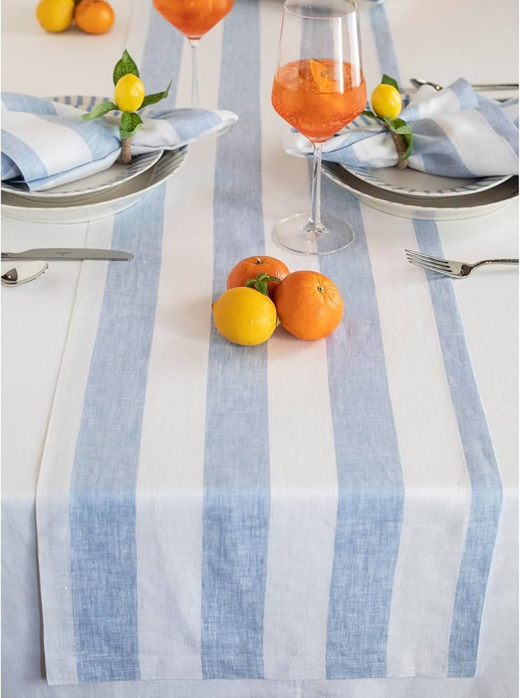 Solino Home Table Runner 48 Inches - Cabana Stripe 100% Pure Linen Sky Blue and White Table Runne... | Amazon (US)