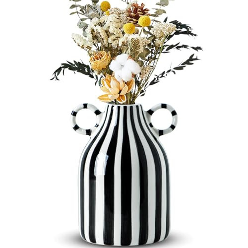 Black and White Ceramic Vase, Mid Century Modern Striped Small Vases for Flower&Pampas Grass Centerpiece, Black White Checkered Vase for Dining Table Kitchen Tabletop Minimalist Decorative | Amazon (US)