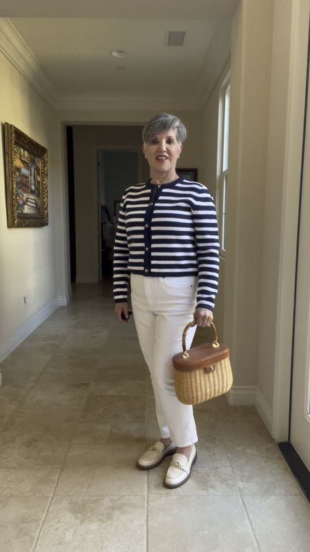 This is for you if you’re loving this lady jacket trend. Share this with your bestie who LOVES STRIPES especially for spring. This navy @jcrewfactory striped jacket is so cute and classic in its lines. Perfect for spring and summer. Here it’s with white denim but would work perfectly with a navy slip skirt, navy trousers, khakis, and of course any blue jeans. Please follow my blog: drjuliesfunlife.com where I show you many tips and tricks on how I make my life happier and maybe some will resonate with you too!

#ltkjeans
#ltkspringoutfits
#ltkshoecrush
#ltkitbag
#ltkover40
#ltkover50

#LTKSpringSale #LTKVideo #LTKstyletip