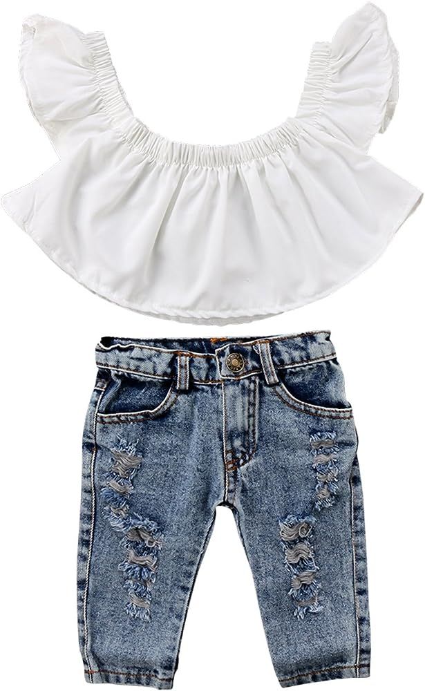 Baby Girls Off Shoulder Polka Dot Top+Destroyed Ripped Jeans+Headband Clothes Outfit Set | Amazon (US)