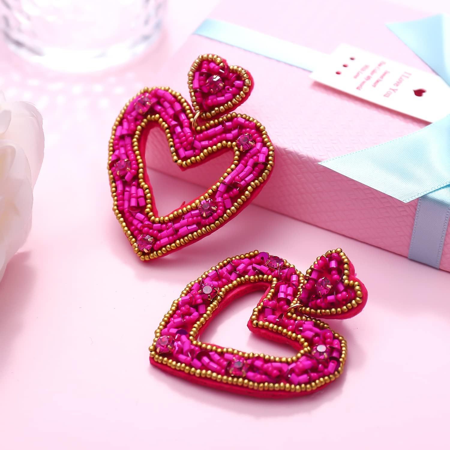 HZEYN Beaded Heart Earrings Statement Seed Bead Heart Hoop Dangle Earrings Festive Valentines Day Ea | Amazon (US)