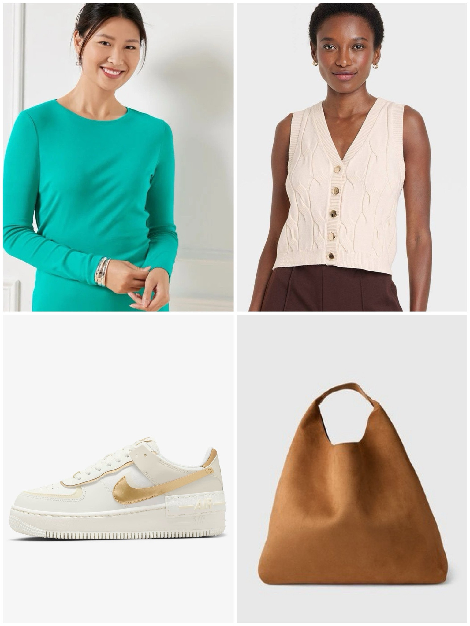 Your weekend favorites:
•Talbots has a beautiful HOCturquoise. This long sleeve basic was a big hit. 
•Target is adding some “quiet luxury” inspired items to their collection. This cream cable-knit with larger gold buttons also found a home in my closet. 
•Nike knows how to mix Spring Neutrals and add a touch of glam with these platform Shadows! These cream lifestyle sneakers will carry you year round. 
•The viral GAP vegan suede slouchy tote is sold out in dark brown. Lucky for us, this color is still available. 

#createdcolorful #createdcolorfulspring #hocspring #tcispring #pcaspring #lightspring #warmspring #truespring #brightspring #clearspring #paintboxspring #bluespring

#LTKShoeCrush #LTKItBag #LTKStyleTip