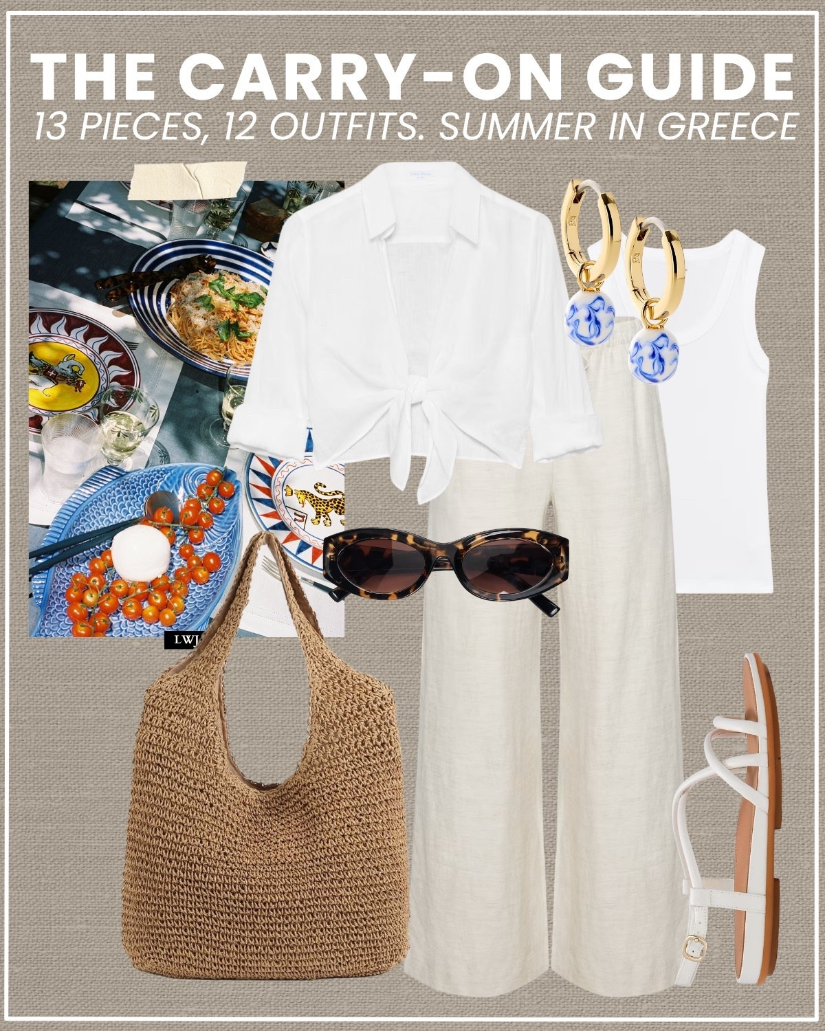 carry-on guide for a summer in greece 

greece / summer vacation / myokonos / santorini / island hopping / summer outfit / linen white button up / tank top / aritzia linen lodge pants / fitflop strappy sandals / straw tote bag / tortoise shell sunglasses / ana Luisa earrings

#LTKootd #LTKTravel