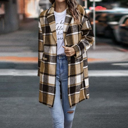 Texiao Long Sleeve Womens Quilted Jacket Lapel Concert Tops For Women Yellow Women S Tops Women Casual Lapel Button Long Sleeve Plaid Shirt Coat Plaid Long Jacket Coat | Walmart (US)
