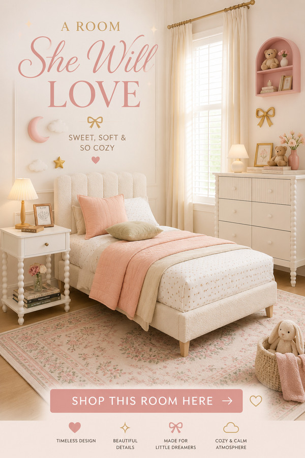 Create a dreamy pink girls bedroom with soft textures, elegant furniture, cozy bedding, and timeless decor details