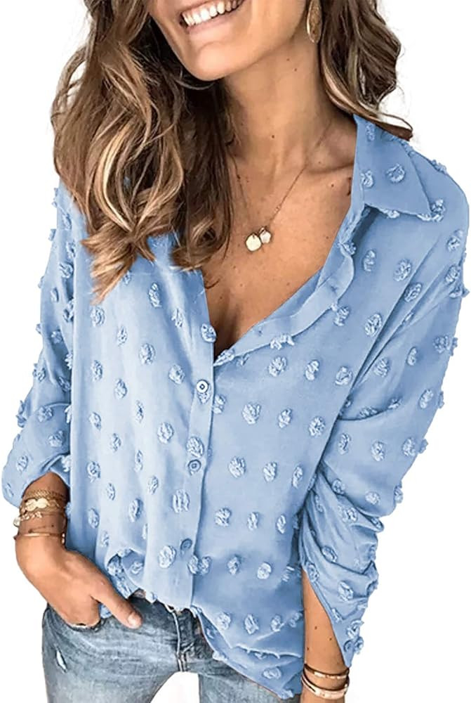 Sidefeel Womens V Neck Chiffon Blouse Pom Pom Long Sleeve Button Shirt Tops | Amazon (US)