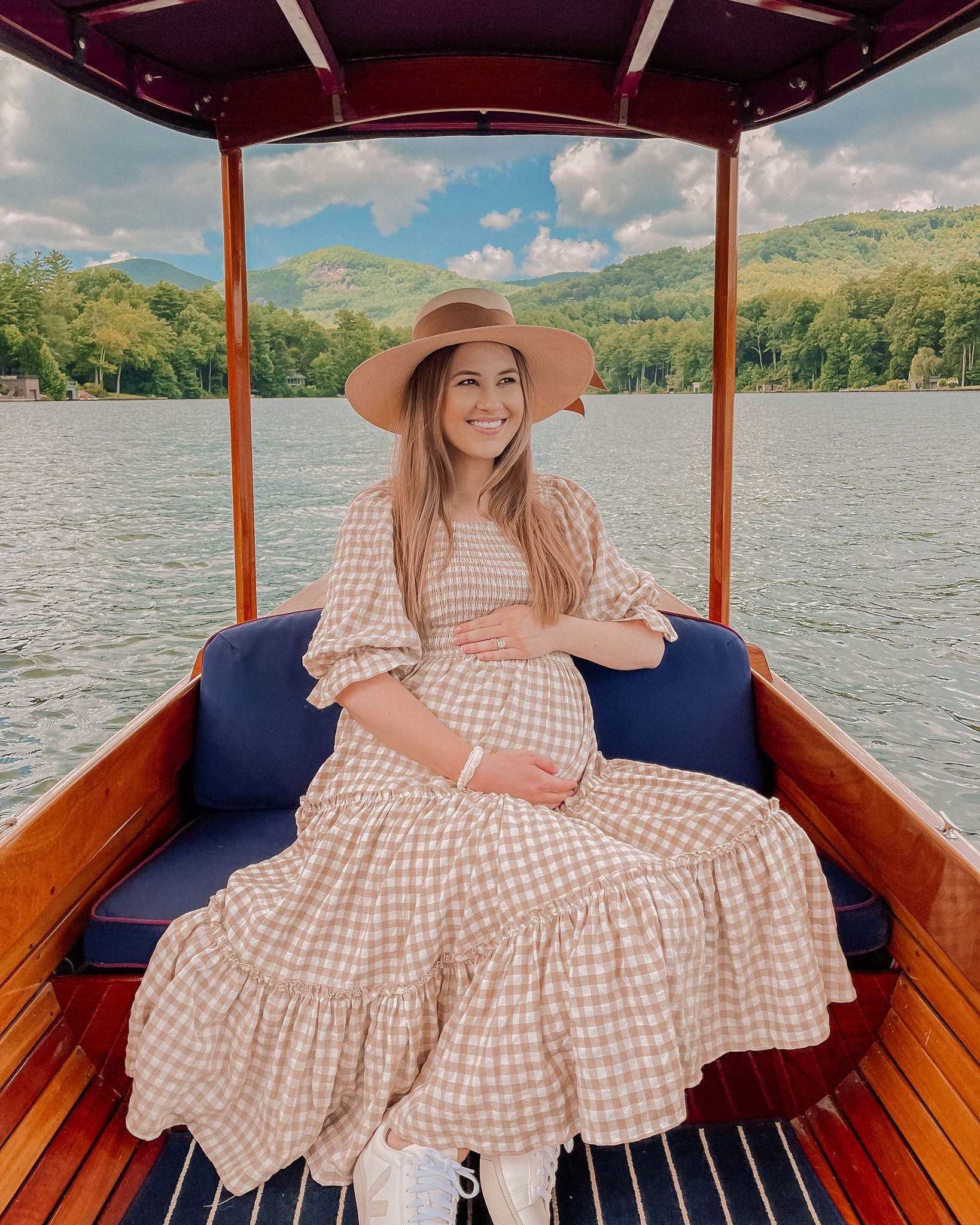 Bump style, pregnancy fashion. Smocked tan gingham dress for fall. Straw boater hat. Veja sneakers. 

#LTKbump #LTKSeasonal #LTKfindsunder100