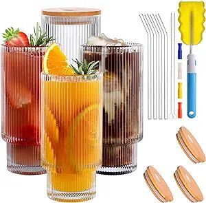 BOICHU Ribbed Glassware Set of 4, Ribbed Glass Cups with Lids and Straws - Vintage Ribbed Drinkin... | Amazon (US)