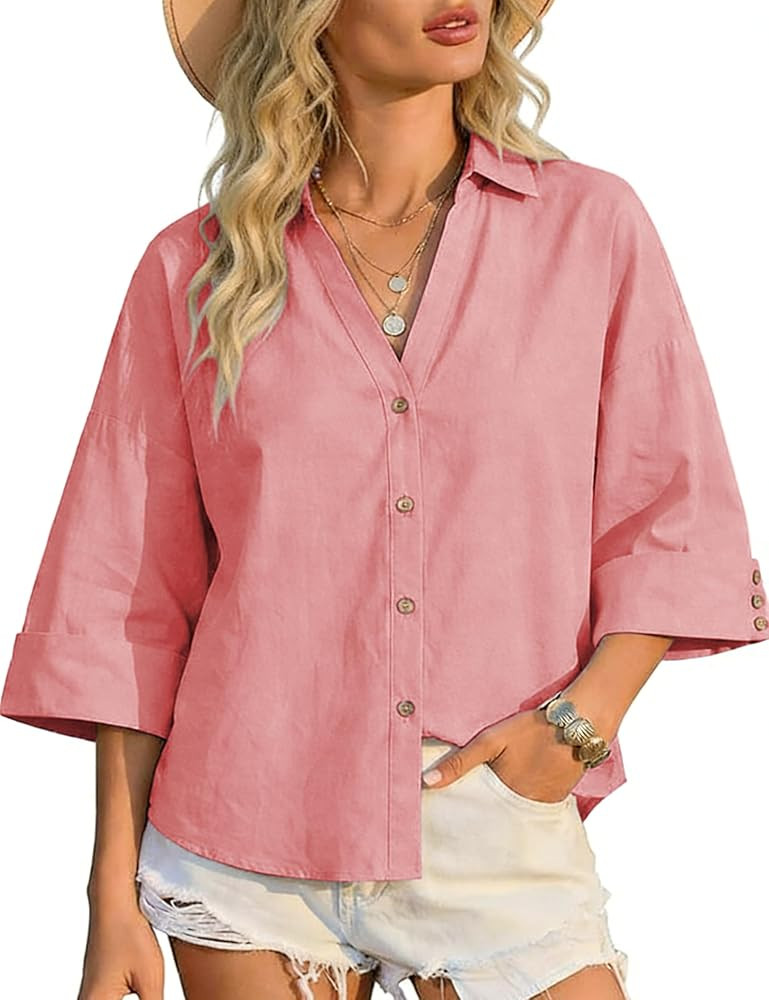 Watashi Women Button Down Shirt Casual Loose Fit Wide 3/4 Sleeve Poplin Shirts Collared Office Wo... | Amazon (US)
