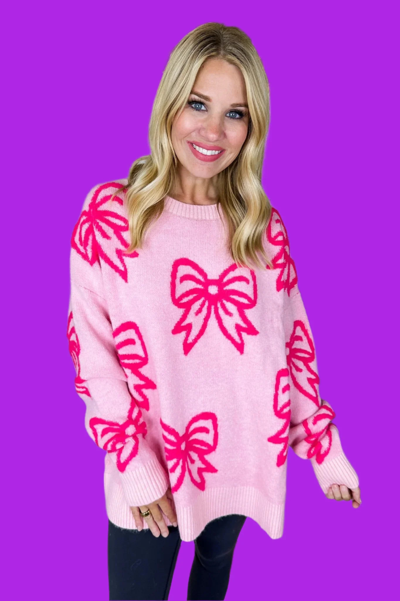 Oversized Fuzzy Soft Pink Coquette Bow Patch Sweater | Jules & James Boutique