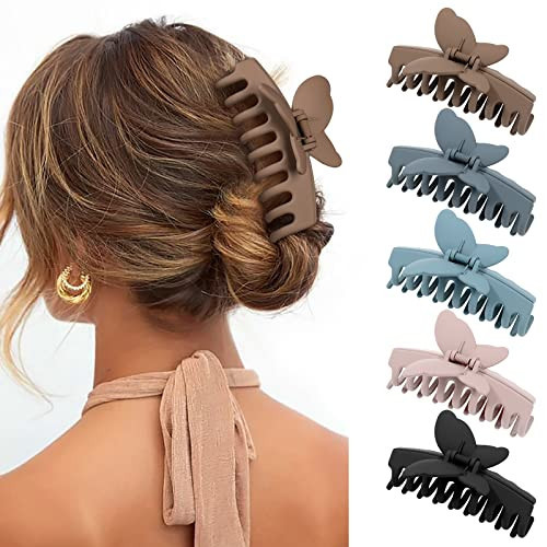 5PCS Large Claw Hair Clips for Thick Hair Big Banana Hair Clips for Women Nonslip Strong Hold Hair Claw Clip(Butterfly (Black+Khaki+Grey+Pink+Blue)) | Amazon (US)