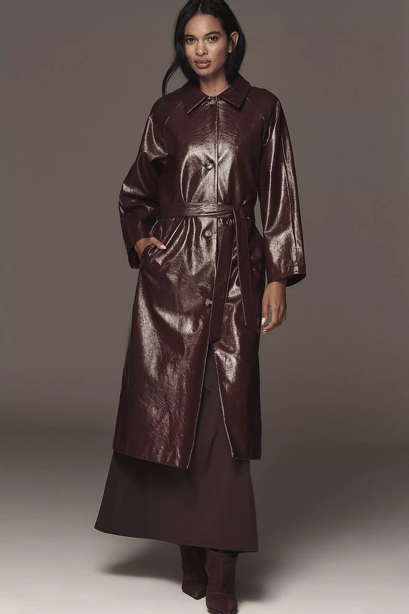 FRNCH Halimi Patent Faux Leather Trench Coat | Anthropologie (US)