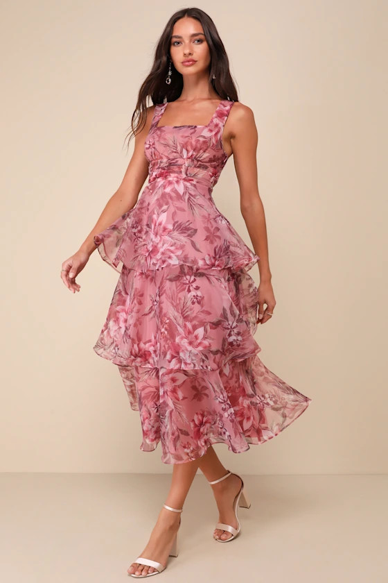 Dramatic Glamour Mauve Floral Organza Tiered Midi Dress | Lulus