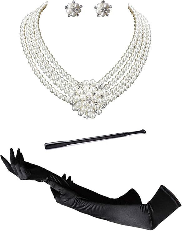 Audrey Hepburn Holly Golightly Breakfast at Tiffanys Costume Accessory Set Necklace Earrings Glov... | Amazon (US)