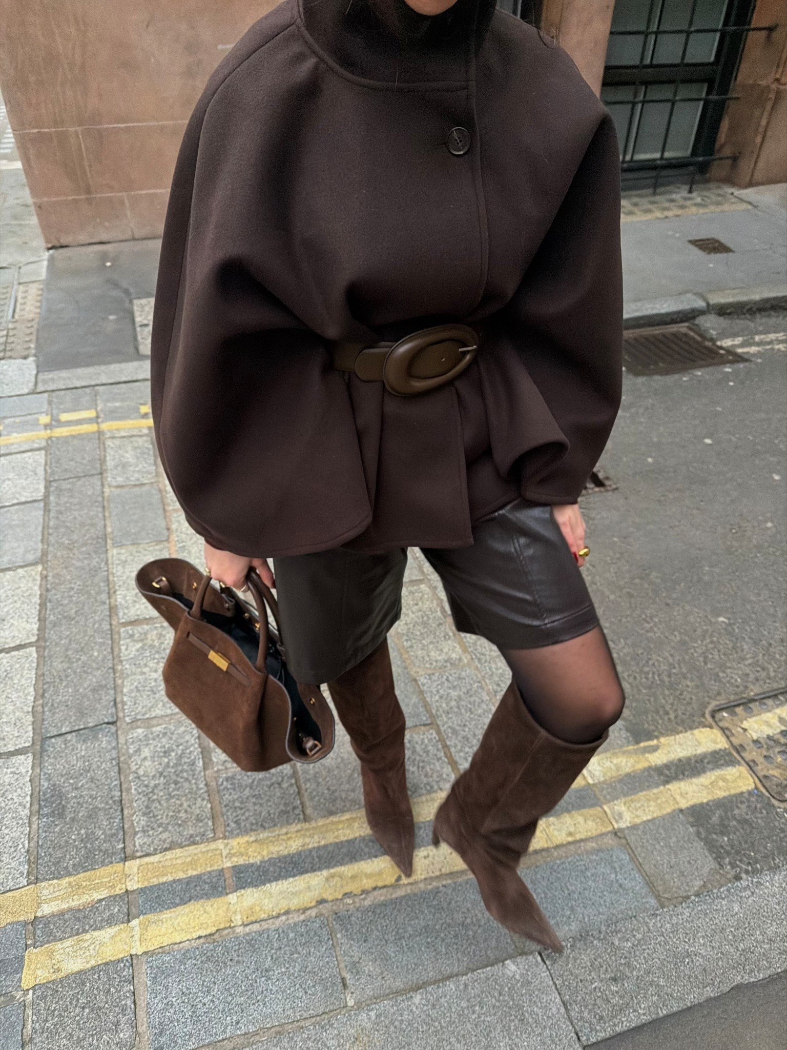 All brown outfit, jorts, bermuda shorts, zara, h&m, cape coat, belt, demellier bag, brown suede knee high boots, asos

#LTKeurope #LTKuk #LTKwinter