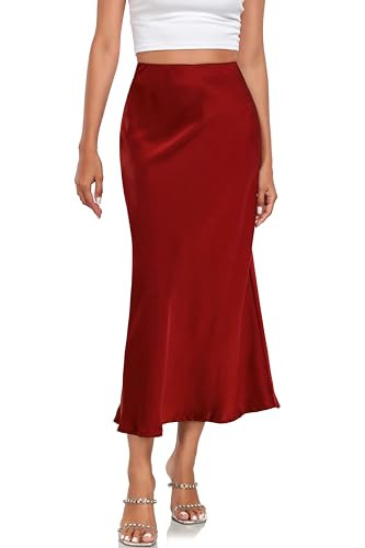 SITELUOYG Women's Silk Satin Maxi Skirts High Waist Elastic Pull-On A Line Fishtail Long Skirt Wine Red | Amazon (US)