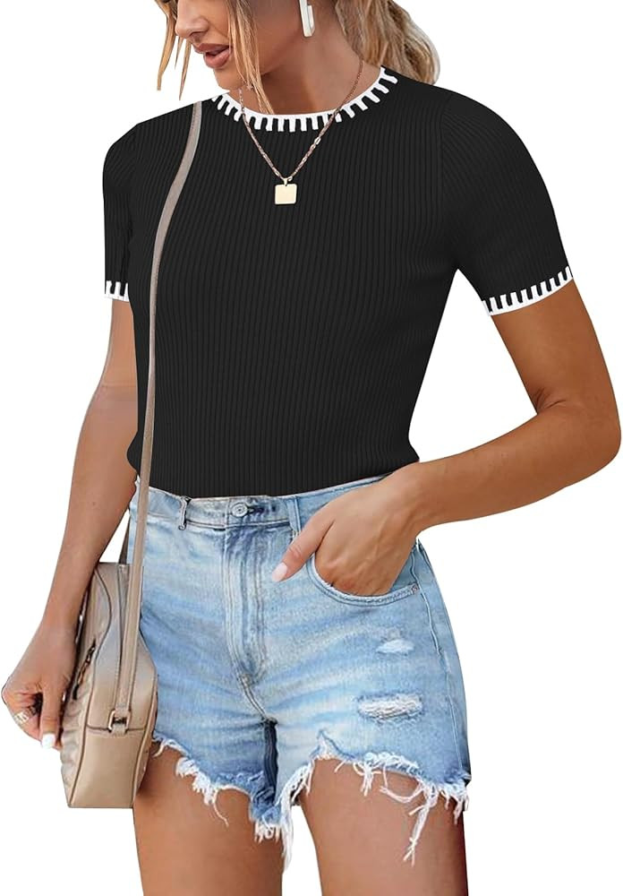 Womens Sweater Tops Slim Fit 2024 Summer Short Sleeve T Shirt Ribbed Knit Pullover Top | Amazon (US)