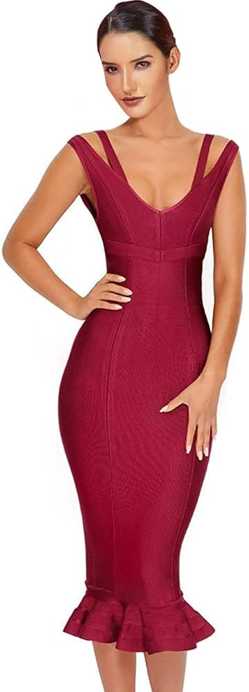 Maketina Women's Mermaid Spaghetti Strap V Neck Bodycon Midi Cocktail Bandage Dress | Amazon (US)