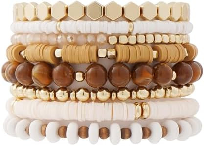 GOOJIDS Surfer Heishi Clay Bead Bracelets for Women Bohemian Stackable Gold Plated Beaded Stretch... | Amazon (US)