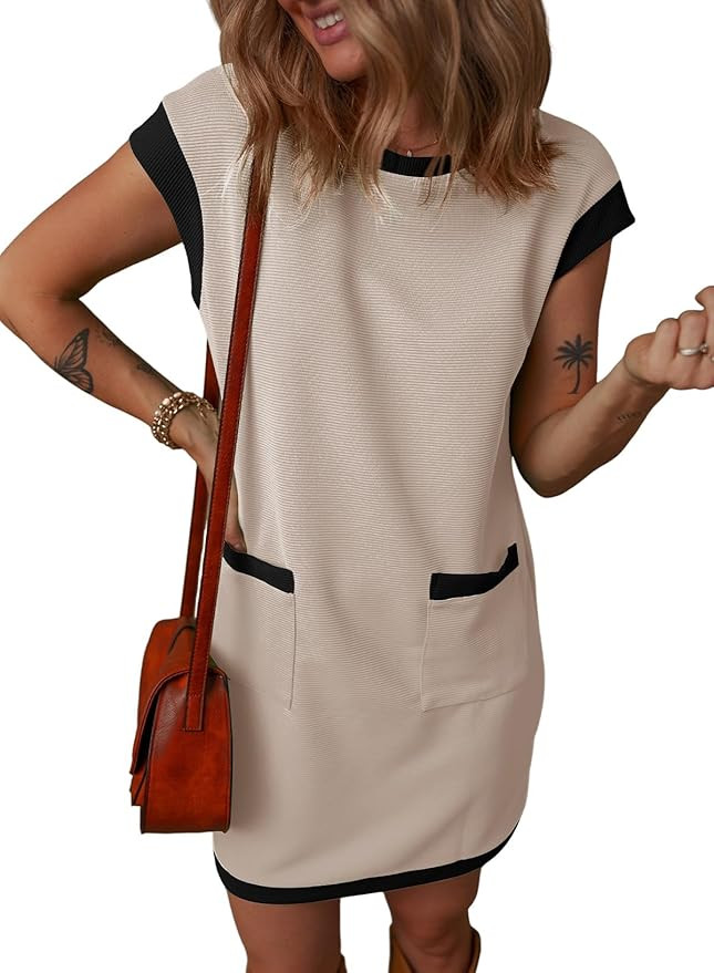 Dokotoo Women's Casual Summer Dresses Fashion Cap Sleeve Color Block Crewneck Shift Tshirt Mini D... | Amazon (US)