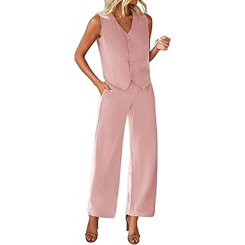 KIRUNDO Womens Two Piece Outfits Summer Fashion Button V Neck Crop Vest Blazer and Wide Leg Pants... | Amazon (US)