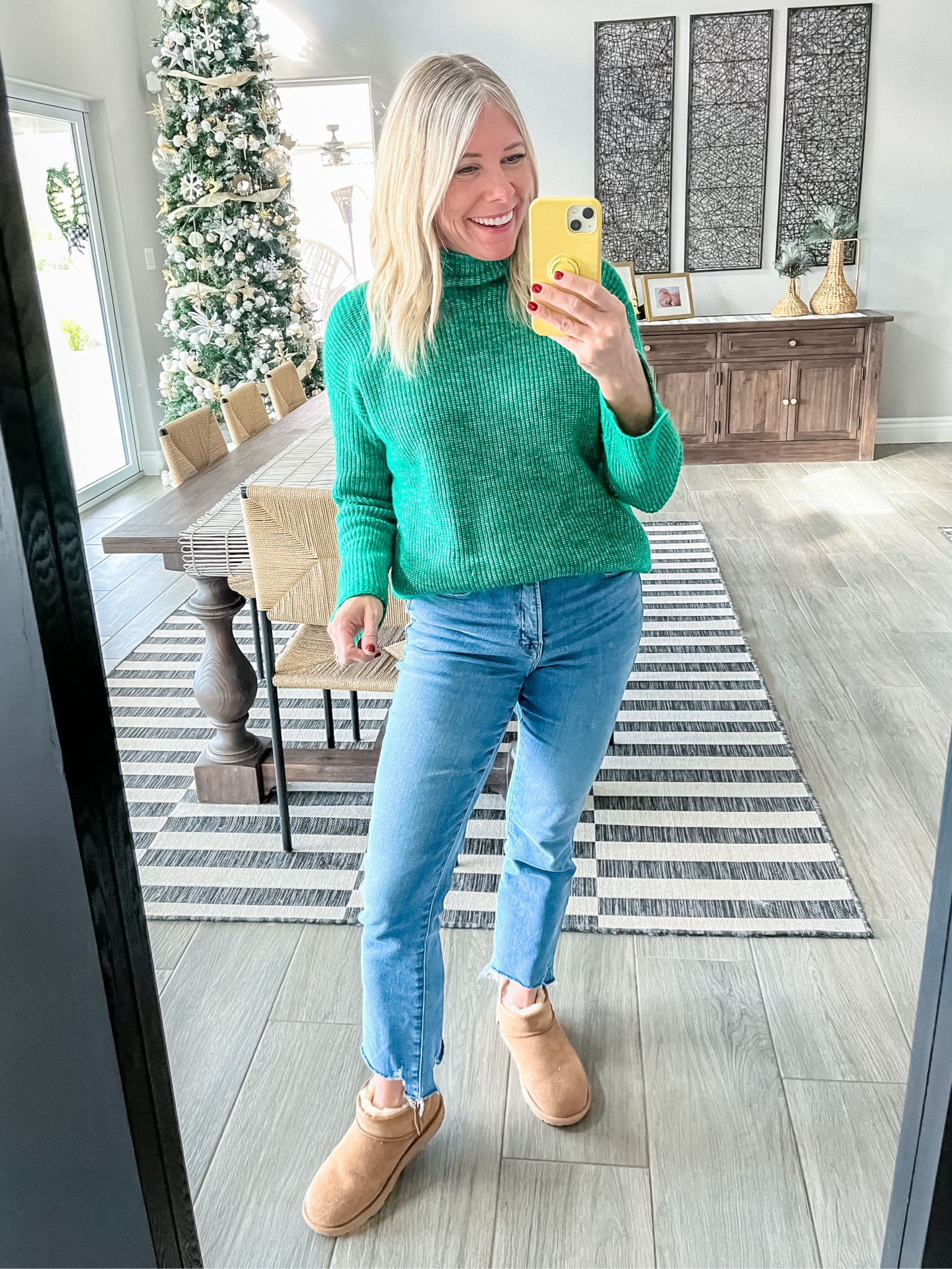 Love this green sweater from loft with good American jeans and ugg boots. Size XS sweater 0/25 jeans (run big size down) and kids size 6 Uggs which fit a women’s 8. Cyber Monday cyber week sales, sweaters women’s gift ideas women’s holiday outfit ideas￼

#LTKsalealert #LTKHoliday #LTKCyberWeek