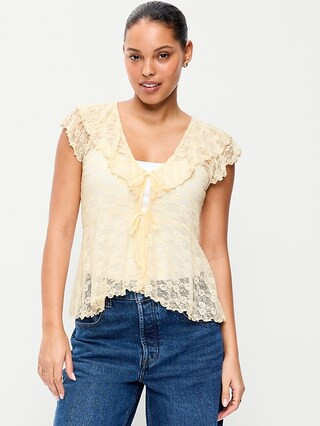 Short-Sleeve Open-Front Lace Ruffle Top | Old Navy (US)
