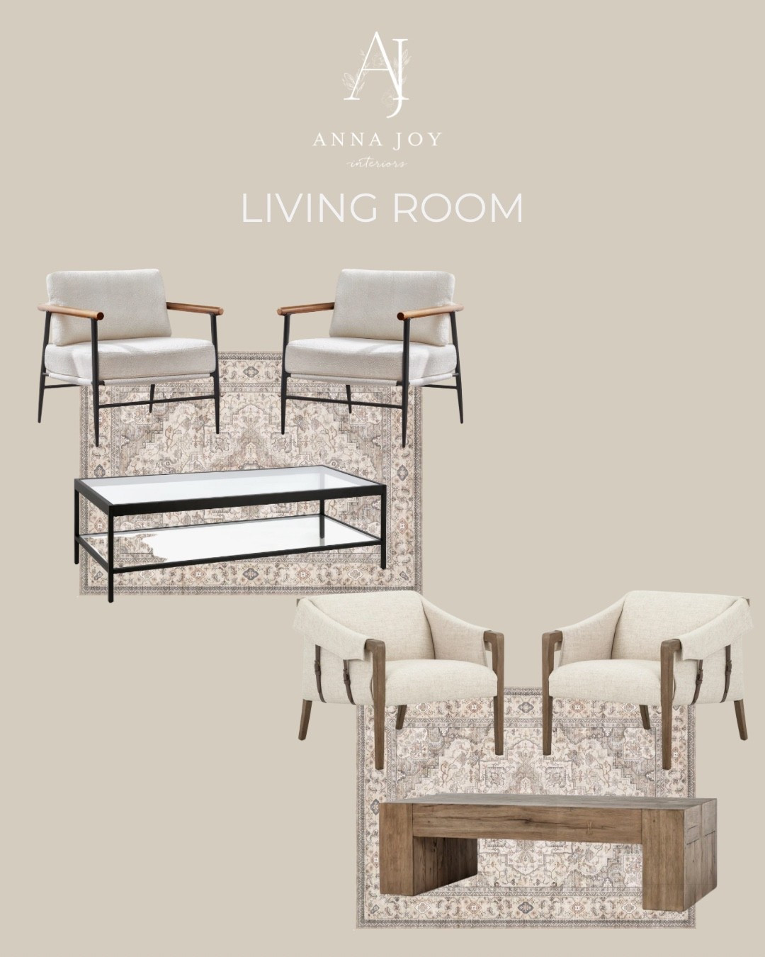 Accent chairs, coffee table and area rug options for a neutral living room space. 

#LTKHome #LTKdayinmylife