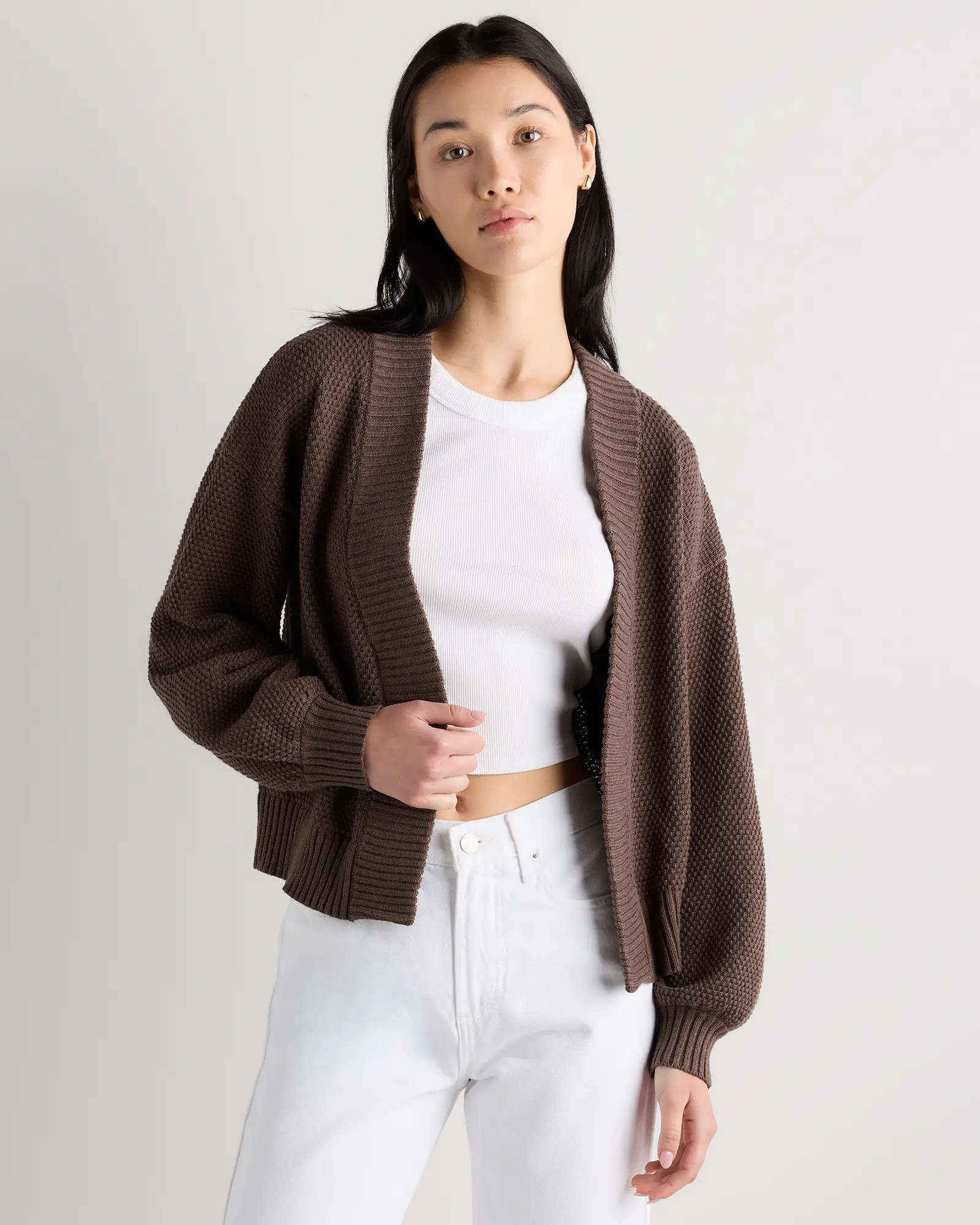 100% Organic Cotton Waffle Stitch Open Cardigan in Heather Brown | Quince