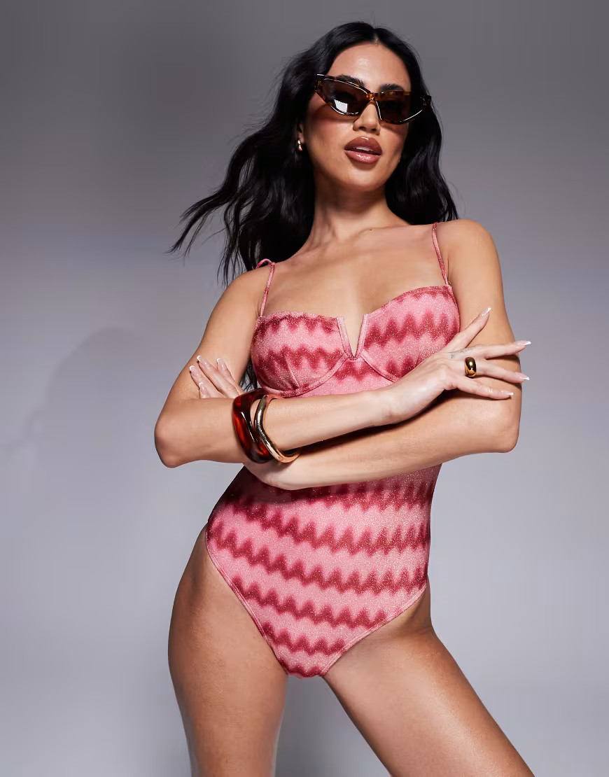 South Beach glitter chevron print underwire swimsuit in pink | ASOS (Global)