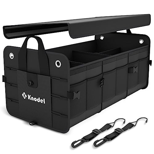 K KNODEL Car Trunk Organizer, Foldable Cover, Heavy Duty Collapsible Truck Storage Organizer, Car Cargo Trunk Organizer with Lid, 3 Compartments, with Straps (Black) | Amazon (US)