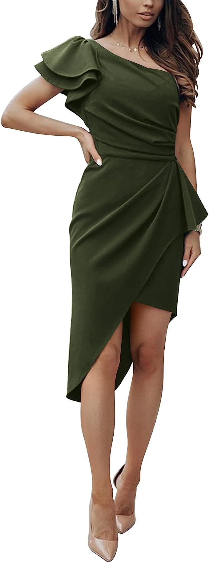 BTFBM Women 2023 Summer Fashion Elegant One Shoulder Cocktail Dress Ruffle Sleeve Wrap Ruched Bod... | Amazon (US)