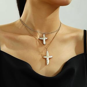 Pearl Cross Necklace for Women Freshwater Natural Chunky Baroque Pearl Necklaces Big 18K Gold Pla... | Amazon (US)