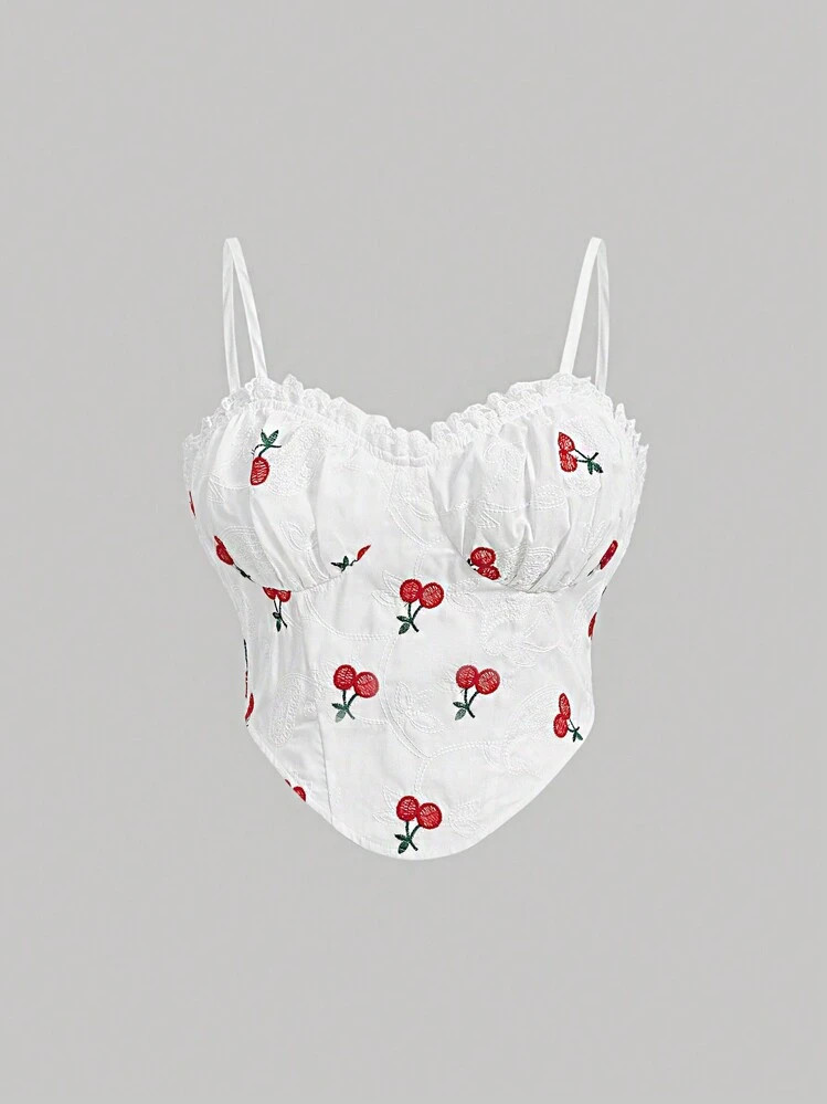 SHEIN MOD Plus Size Summer Cherry Embroidery Ruffle Trim Bustier Cami Top | SHEIN