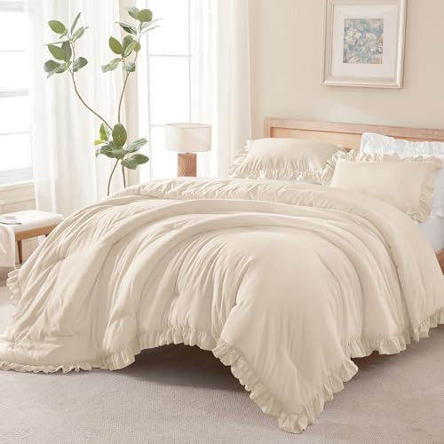 Andency Beige Comforter Set Full Size, 3 Pieces Solid Ruffle Vintage Rustic Soft Bedding Comforte... | Amazon (US)