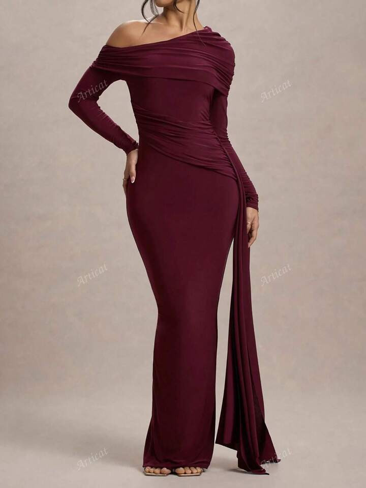 Asymmetrical Neck Long Sleeve Draped Bodycon Party Club Dress Wedding Birthday Club Dress Sexy Fall Dresses For Women Back To School Christmas Country Concert Outfit Party Night Out | SHEIN