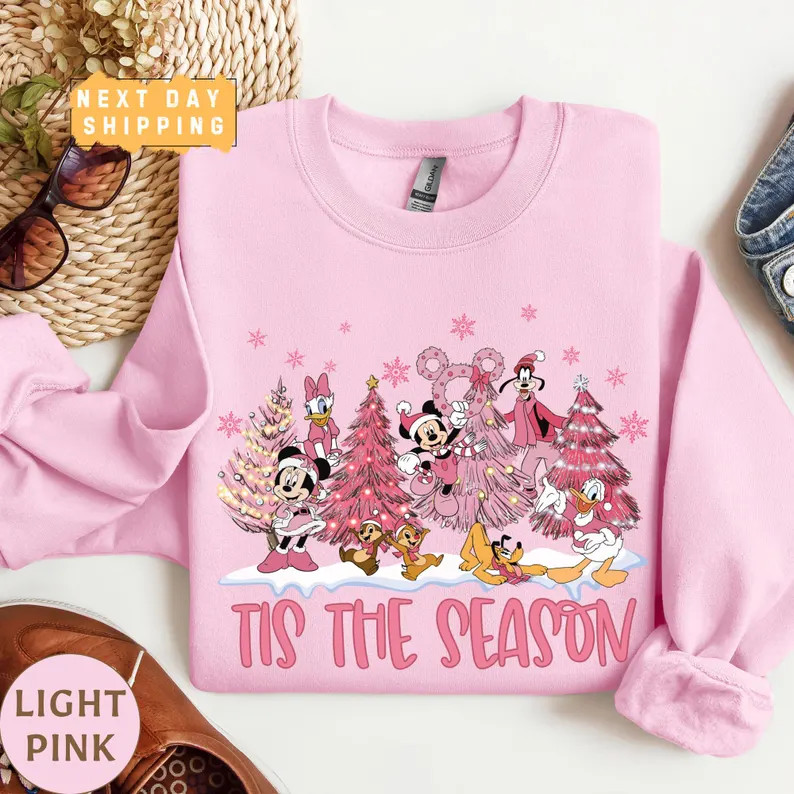 Vintage Tis the Season Disney Christmas Sweatshirt, Mickey Friends Pink Christmas Tree Sweater, F... | Etsy (US)