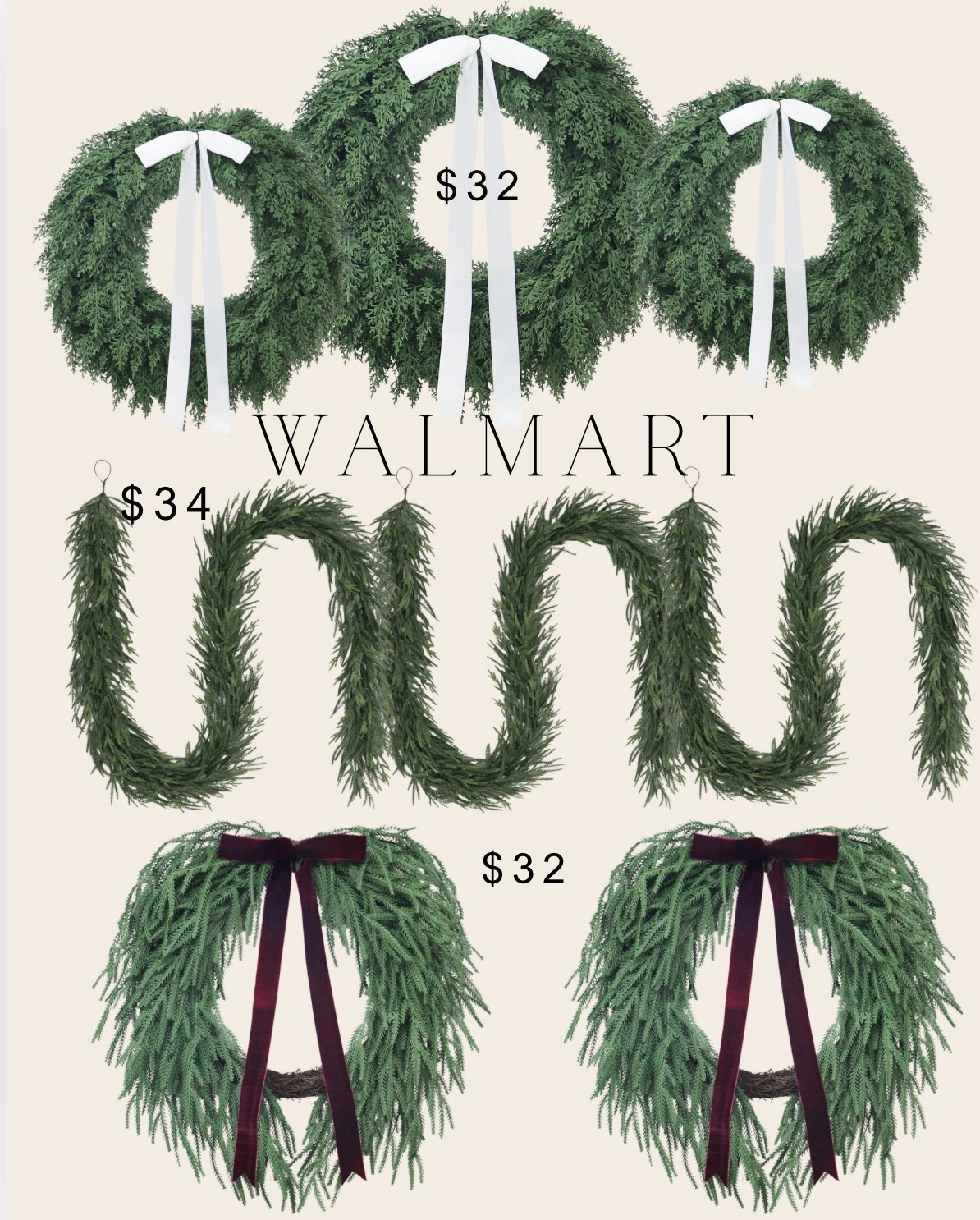 Walmart Christmas Wreaths 
Christmas garland 
Wreath with a bow 
Holiday greenery 
Front door wreath 
Holiday decor 

#LTKSeasonal #LTKFindsUnder50 #LTKHome
