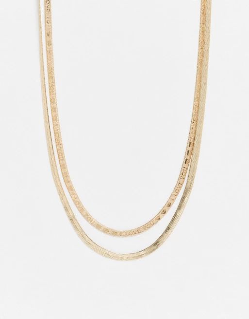 ASOS DESIGN pack of 2 necklaces in star and I love you engraved herringbone chain in gold tone | ASOS (Global)