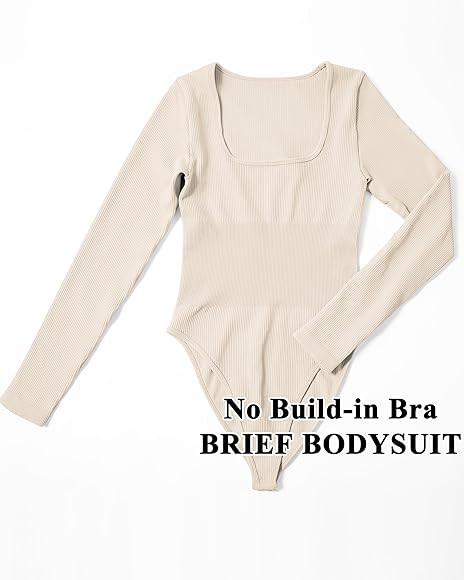 OMKAGI Cutout Body Suits for Womens Long Sleeve Ribbed Crew Neck Tops Bodysuits | Amazon (US)