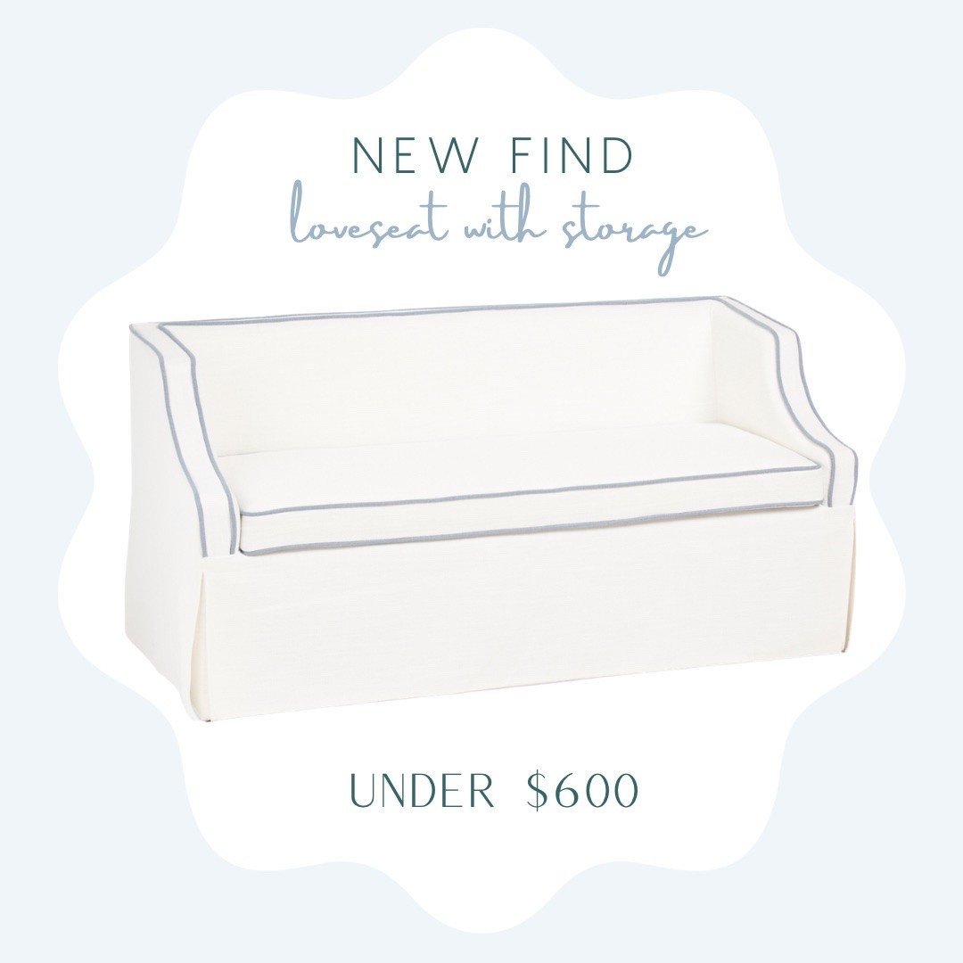 Low back loveseat with storage! Gorgeous white with blue piping detail. Looks designer but on a budget! Only $599!!