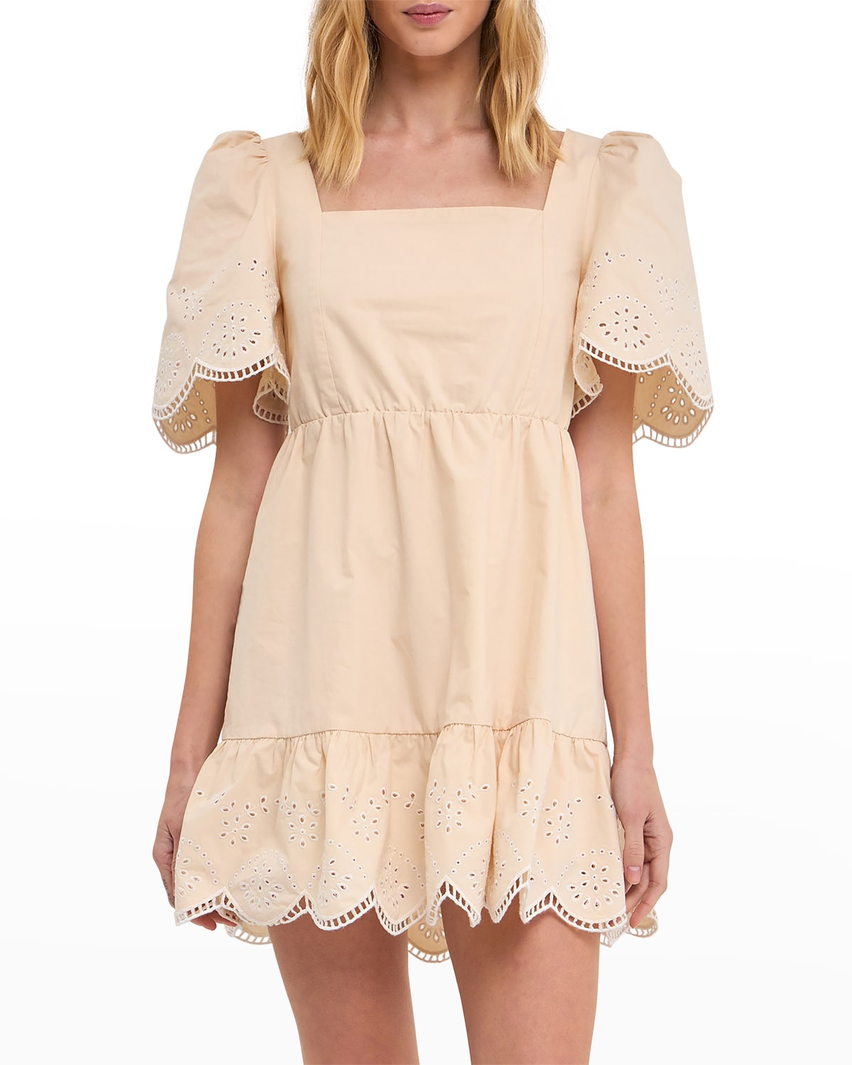 Embroidered Ruffle Square-Neck Mini Dress | Neiman Marcus