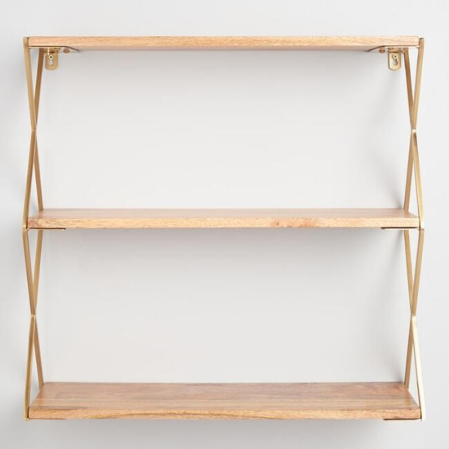 Natural Wood and Gold 3 Tier Wall Shelf | World Market