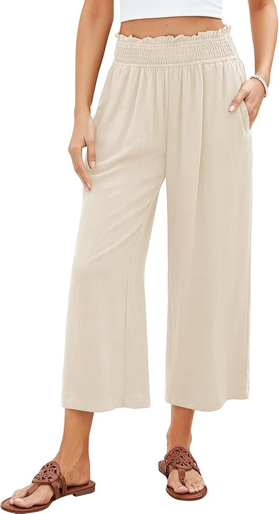 GRAPENT Capri Pants for Women High Waisted Wide Leg Linen Palazzo Trousers Pull On Elastic Smock ... | Amazon (US)