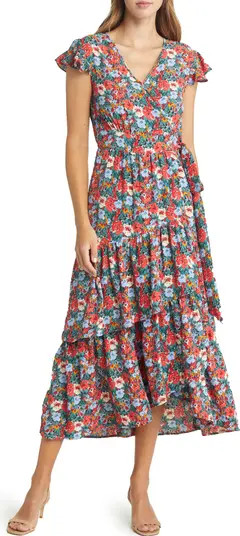 MELLODAY Floral Print Flutter Sleeve Faux Wrap Midi Dress | Nordstrom | Nordstrom